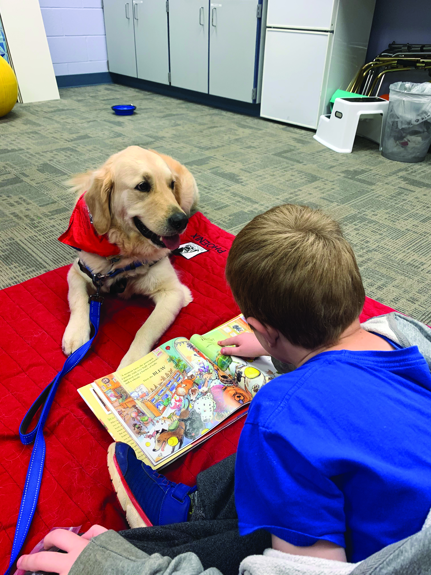 photograph of a boy reading a picture book on a mat in front of a therapy dog