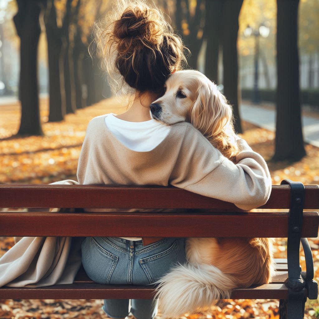 Image of a woman snuggling her dog on a park bench