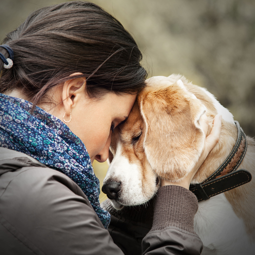 Woman saying goodbye to her dog friend