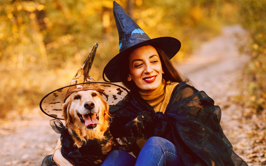 photograph of a woman and golden retriever sitting together and smiling both dressed up as witches for halloween