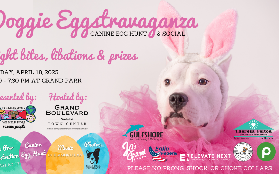 graphic with a white pitbull dog wearing bunny ears and a pink tutu to promote Dog-Harmony's 10th annual doggie eggstravaganza social at grand boulevard in sandestin, fl on friday, april 18, 2025 from 5:30 to 7:30 pm