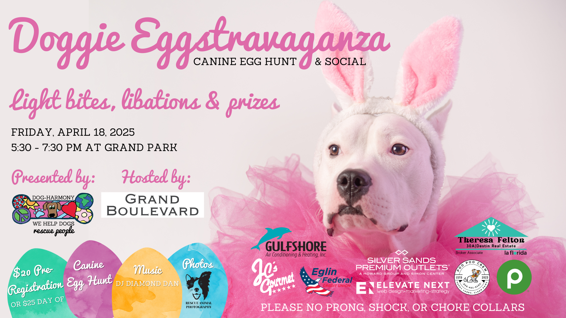graphic with a white pitbull dog wearing bunny ears and a pink tutu to promote Dog-Harmony's 10th annual doggie eggstravaganza social at grand boulevard in sandestin, fl on friday, april 18, 2025 from 5:30 to 7:30 pm
