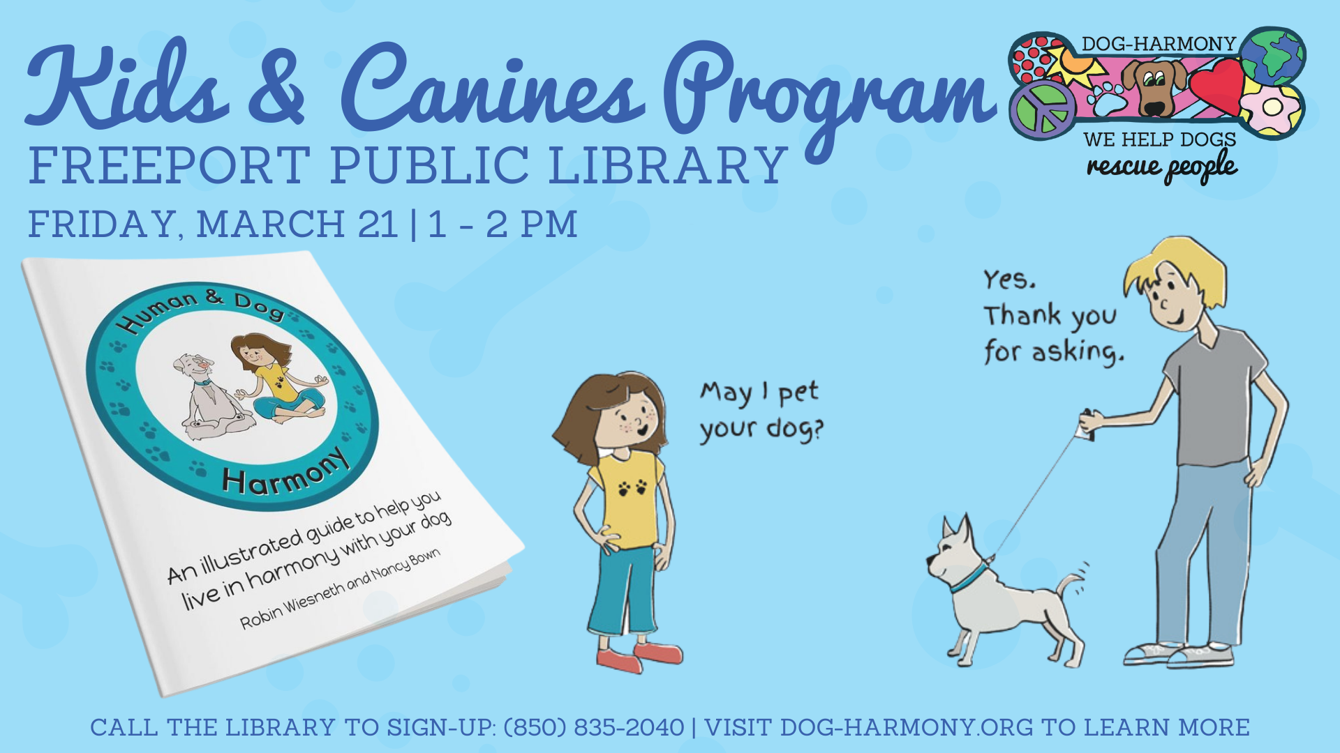 graphic for the kids and canines program at freeport, fl public library on friday, march 21, 2025 from 1-2 pm CST