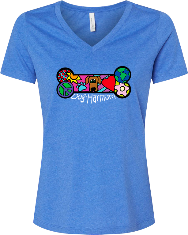 Dog-Harmony's blue womens v-neck t-shirt (front view)