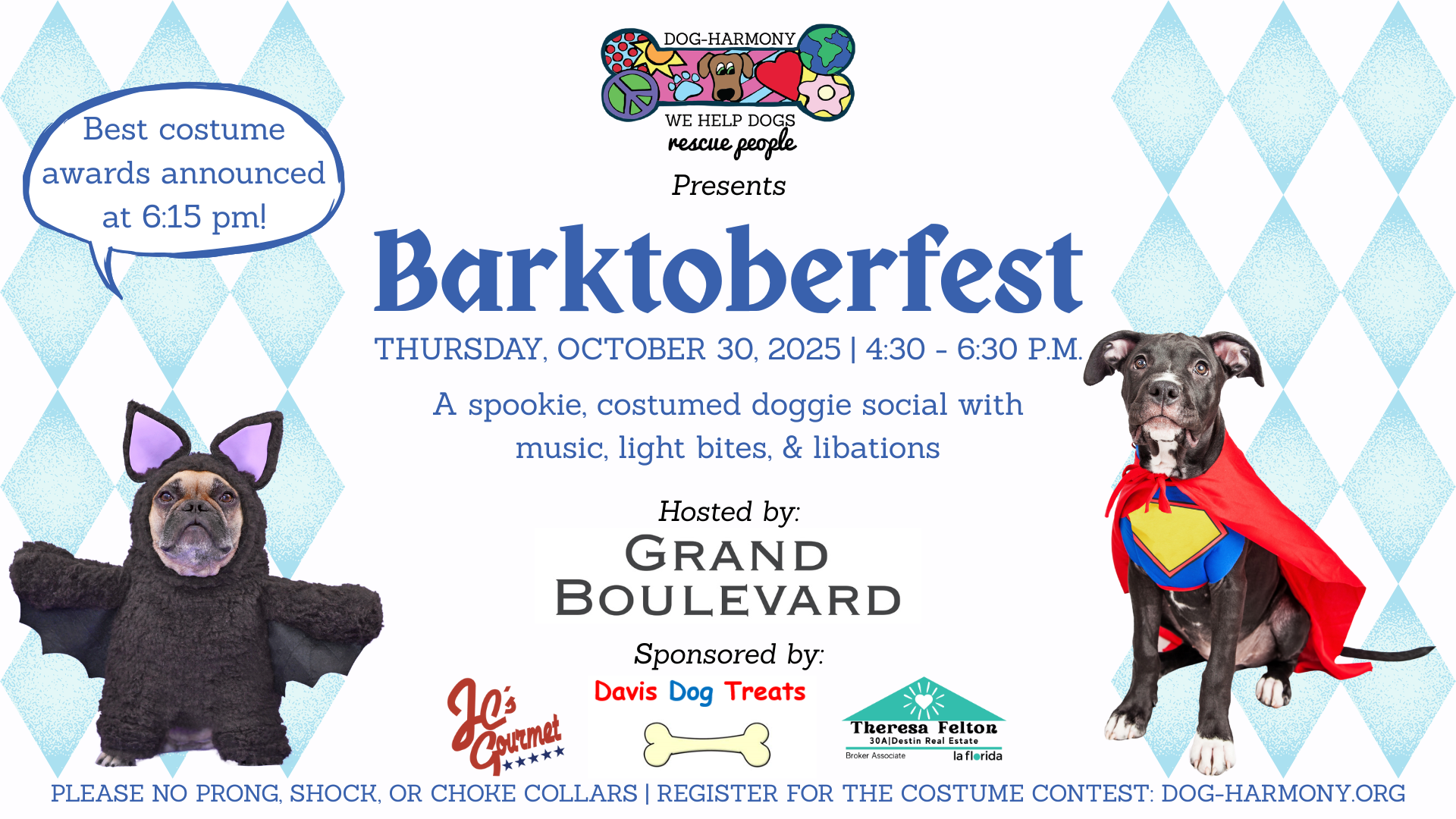 an event graphic for Dog-Harmony's 10th annual Barktoberfest in October 2025 at Grand Boulevard at Sandestin, FL featuring a french bulldog as a bat and a pitbull as superman