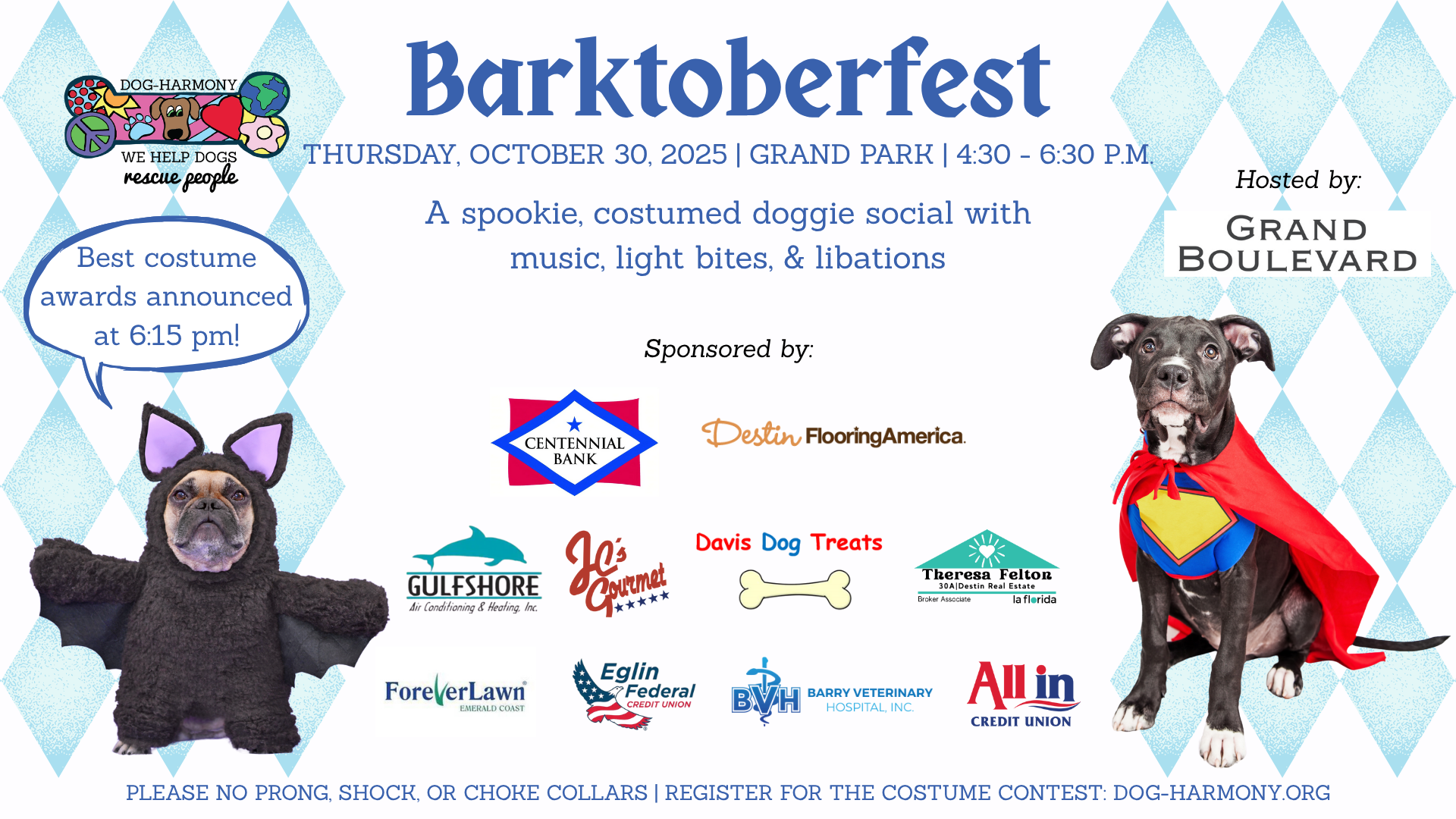 an event graphic for Dog-Harmony's 10th annual Barktoberfest in October 2025 at Grand Boulevard at Sandestin, FL featuring a french bulldog as a bat and a pitbull as superman
