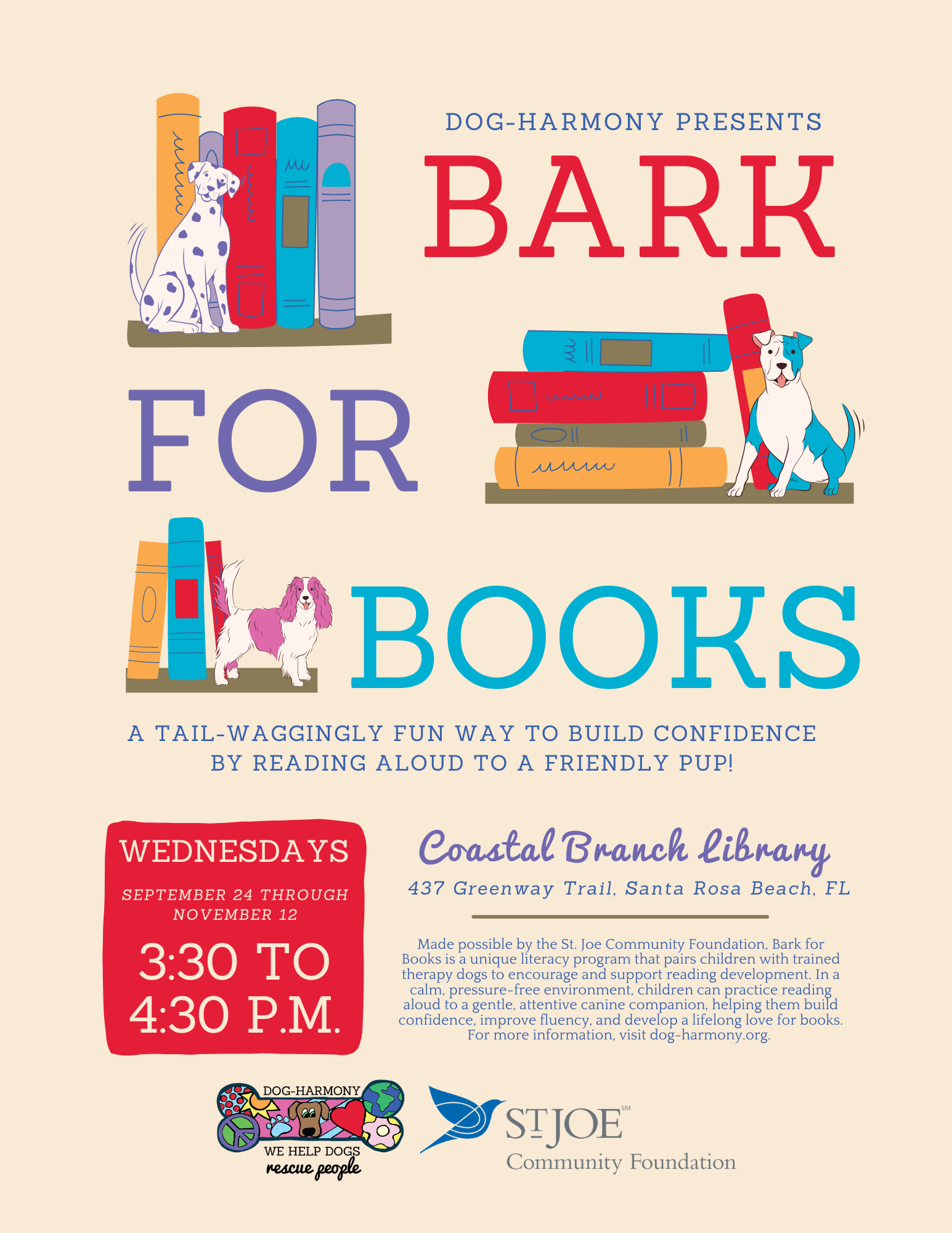 Graphic for Dog-Harmony's Bark 4 Books program on wednesdays from 3:30 to 4:30 pm Sept 24 - Nov 12 at the coastal library branch in santa rosa beach, florida. children read with therapy dogs.