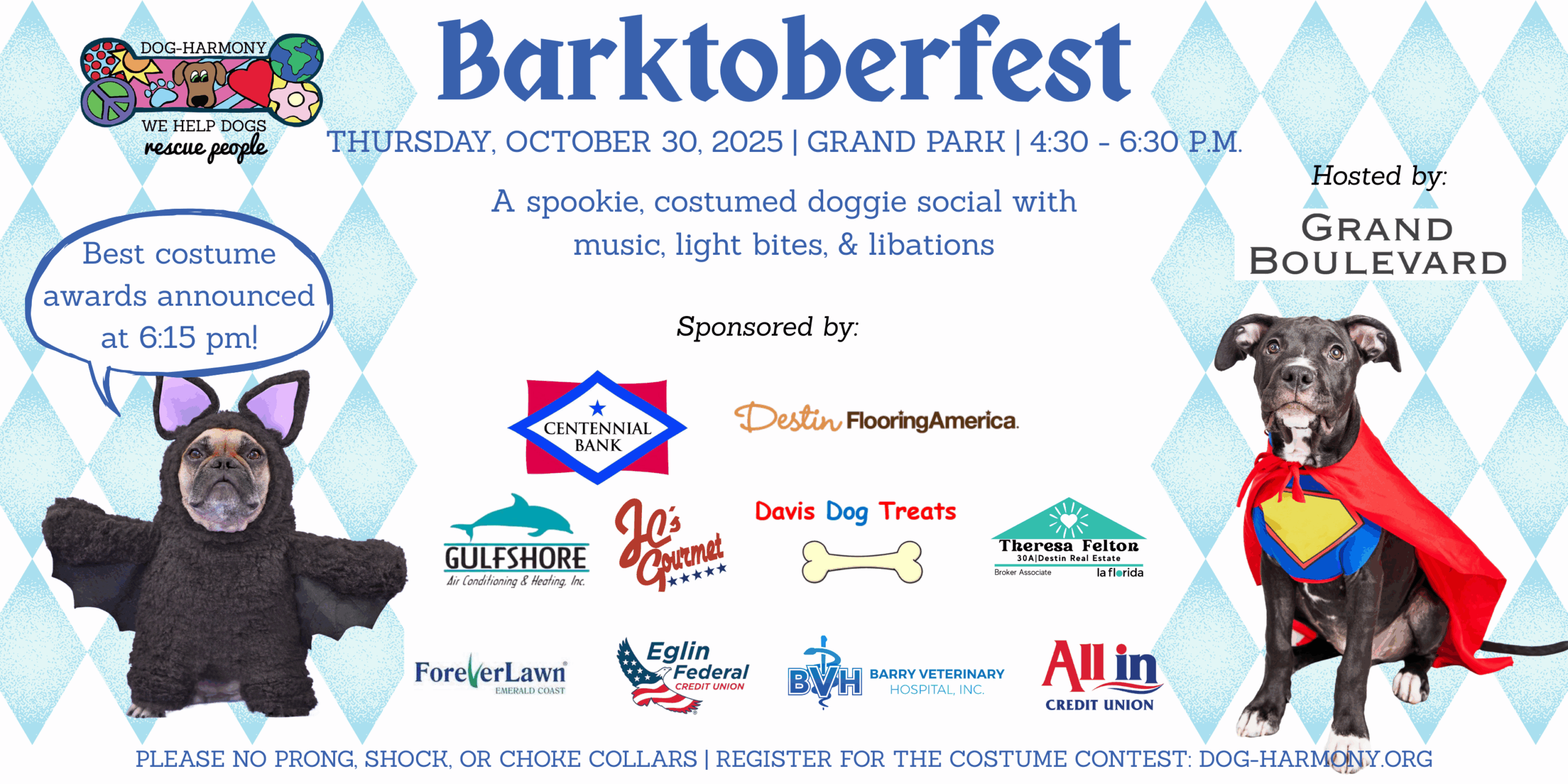 an event graphic for Dog-Harmony's 10th annual Barktoberfest in October 2025 at Grand Boulevard at Sandestin, FL featuring a french bulldog as a bat and a pitbull as superman