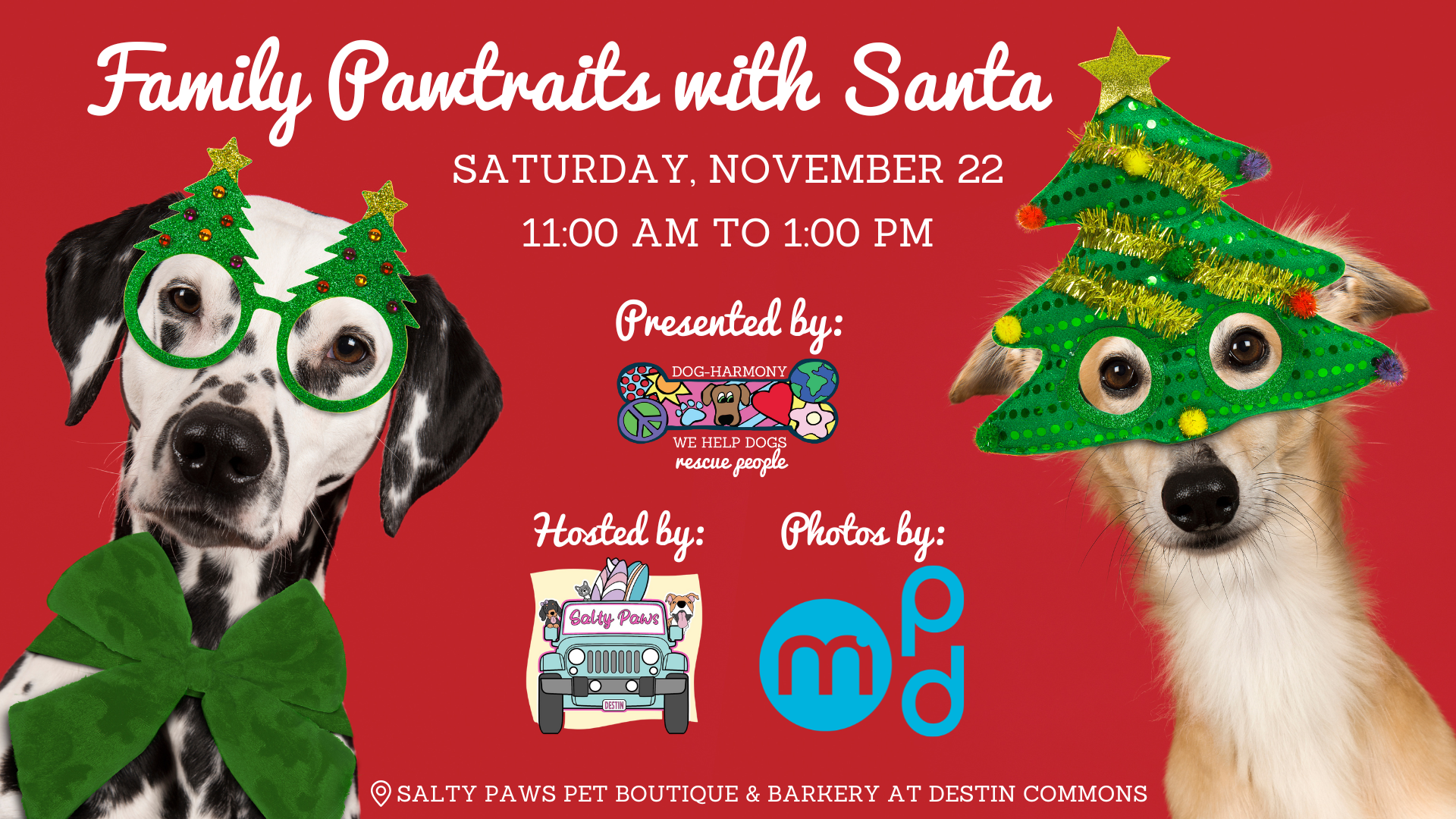 graphic promoting dog-harmony's pawtraits with santa on saturday, november 22 from 11 am to 1 pm at Salty Paws Pet Boutique & Barkery in the Destin Commons