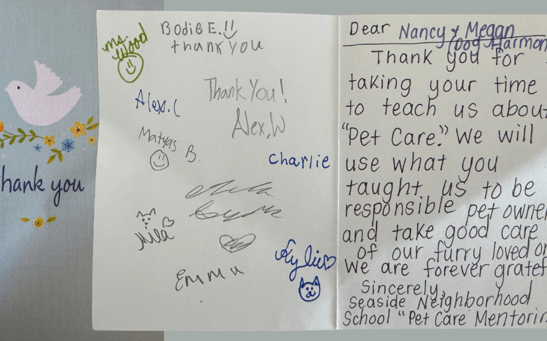 photograph collage of a thank you note to dog-harmony from seaside neighborhood school students