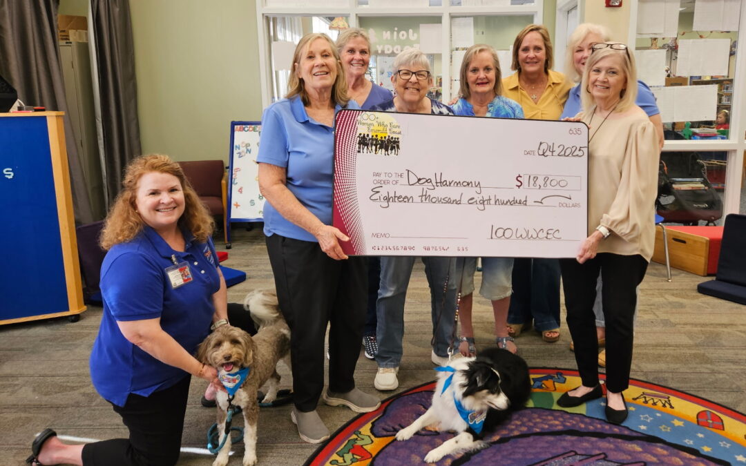 photograph of founder Nancy Bown, CPDT-KA with therapy dog team volunteer and 100+ Women who care Emerald Coast representatives holding a large format check for $18,800 donation for dog-harmony