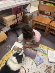 Image of a little girl reading a book to a Dog-Harmony Therapy Dog.