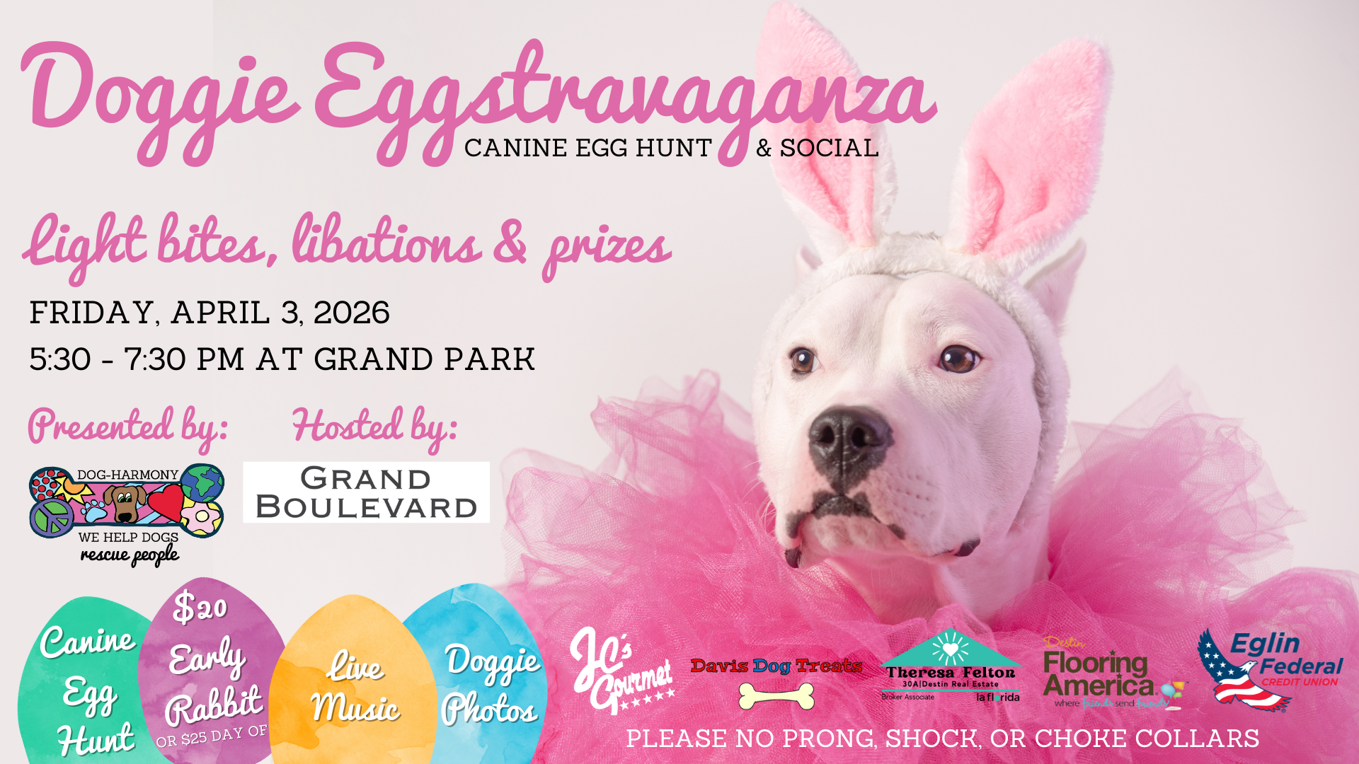 graphic with a white pitbull dog wearing bunny ears and a pink tutu to promote Dog-Harmony's 11th annual doggie eggstravaganza social at grand boulevard in sandestin, fl on friday, april 3, 2026 from 5:30 to 7:30 pm