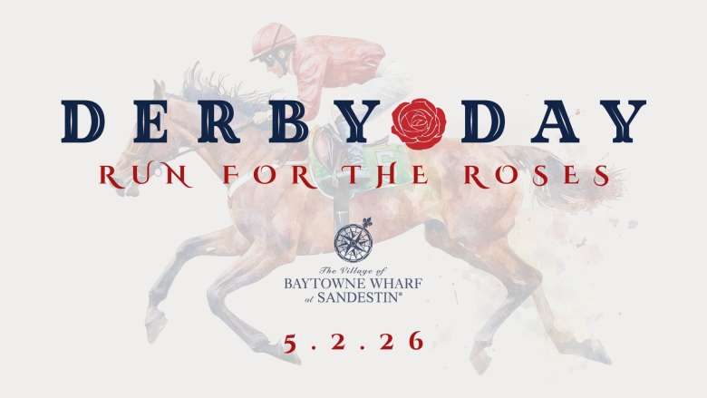 Graphic promoting the 2026 Kentucky Derby Celebration at Baytowne Wharf in Sandestin, FL on May 2 from 4-7 p.m. Proceeds benefit Dog-Harmony
