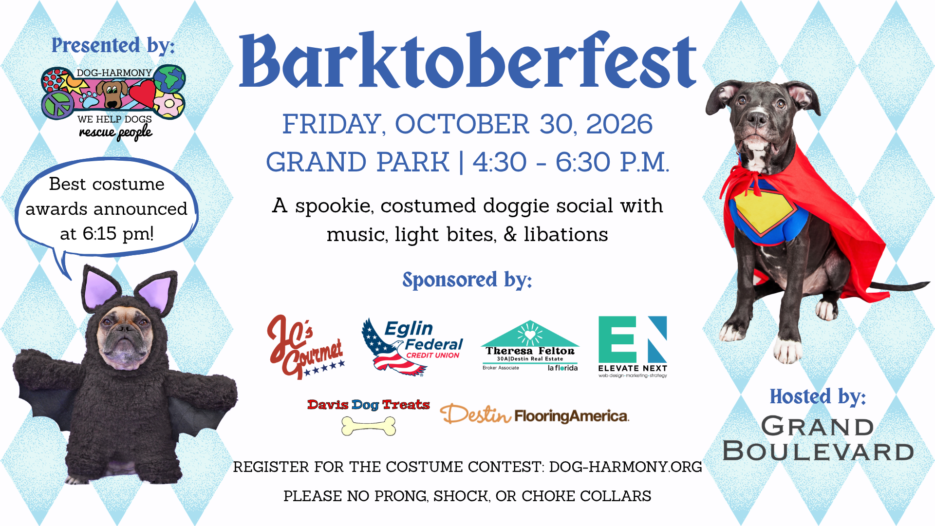 graphic promoting dog-harmony's 11th annual barktoberfest doggie social and halloween costume contest on friday, october 30, from 4:30 - 6:30 pm at grand boulevard at sandestin, florida