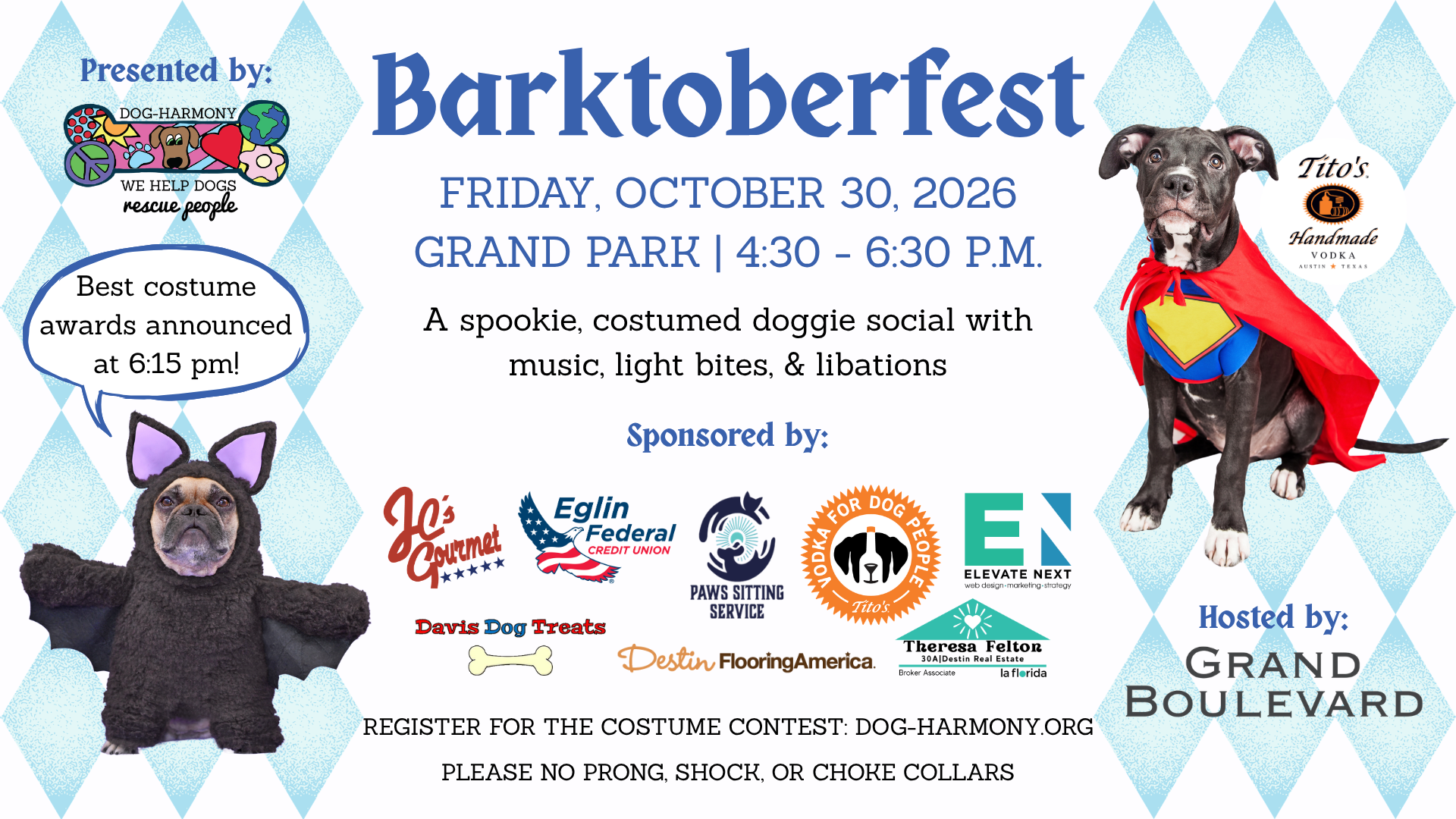 graphic promoting dog-harmony's 11th annual barktoberfest doggie social and halloween costume contest on friday, october 30, from 4:30 - 6:30 pm at grand boulevard at sandestin, florida