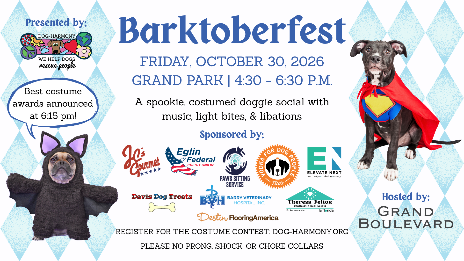 graphic promoting dog-harmony's 11th annual barktoberfest doggie social and halloween costume contest on friday, october 30, from 4:30 - 6:30 pm at grand boulevard at sandestin, florida