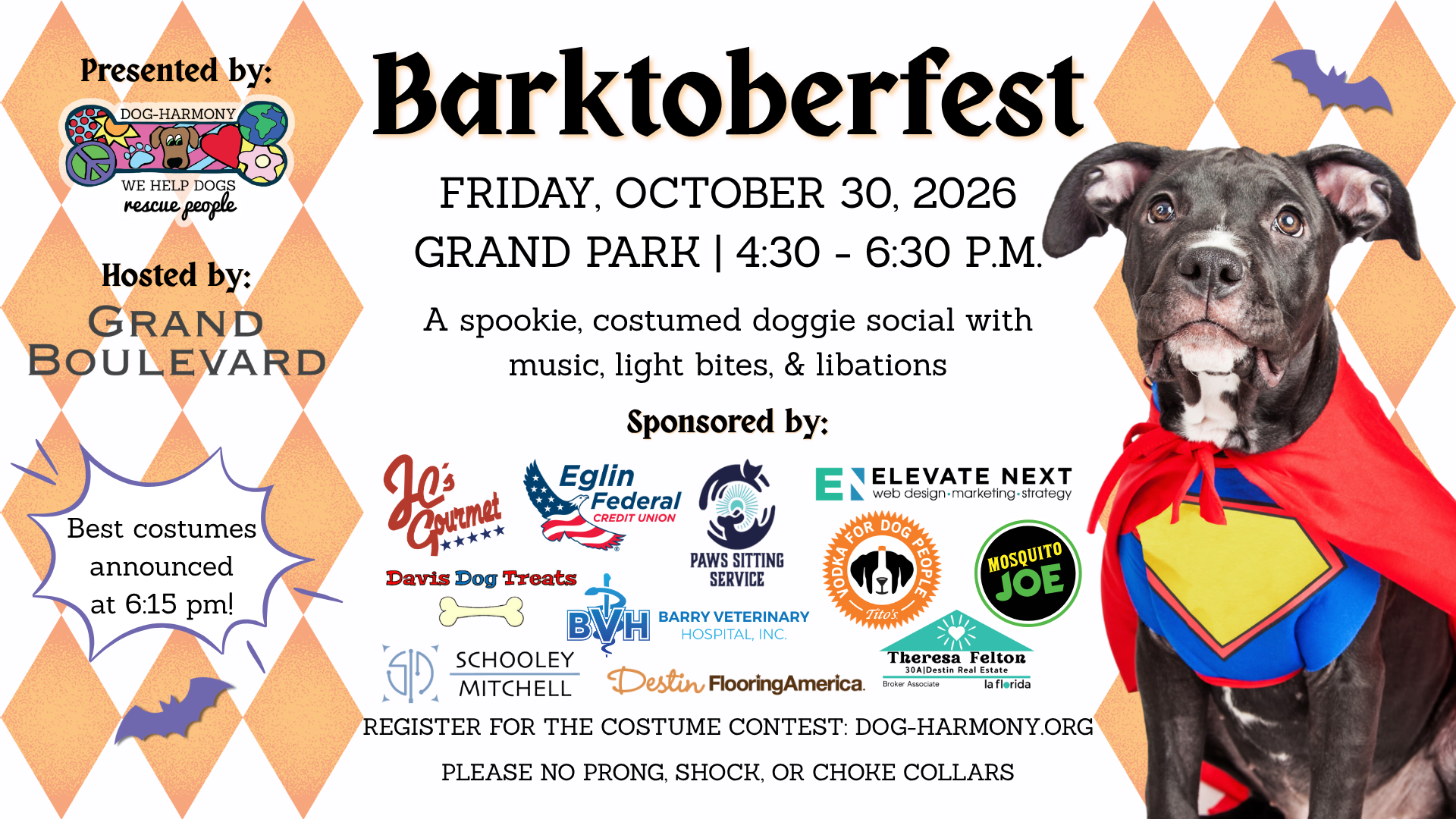 graphic promoting dog-harmony's 11th annual barktoberfest doggie social and halloween costume contest on friday, october 30, from 4:30 - 6:30 pm at grand boulevard at sandestin, florida