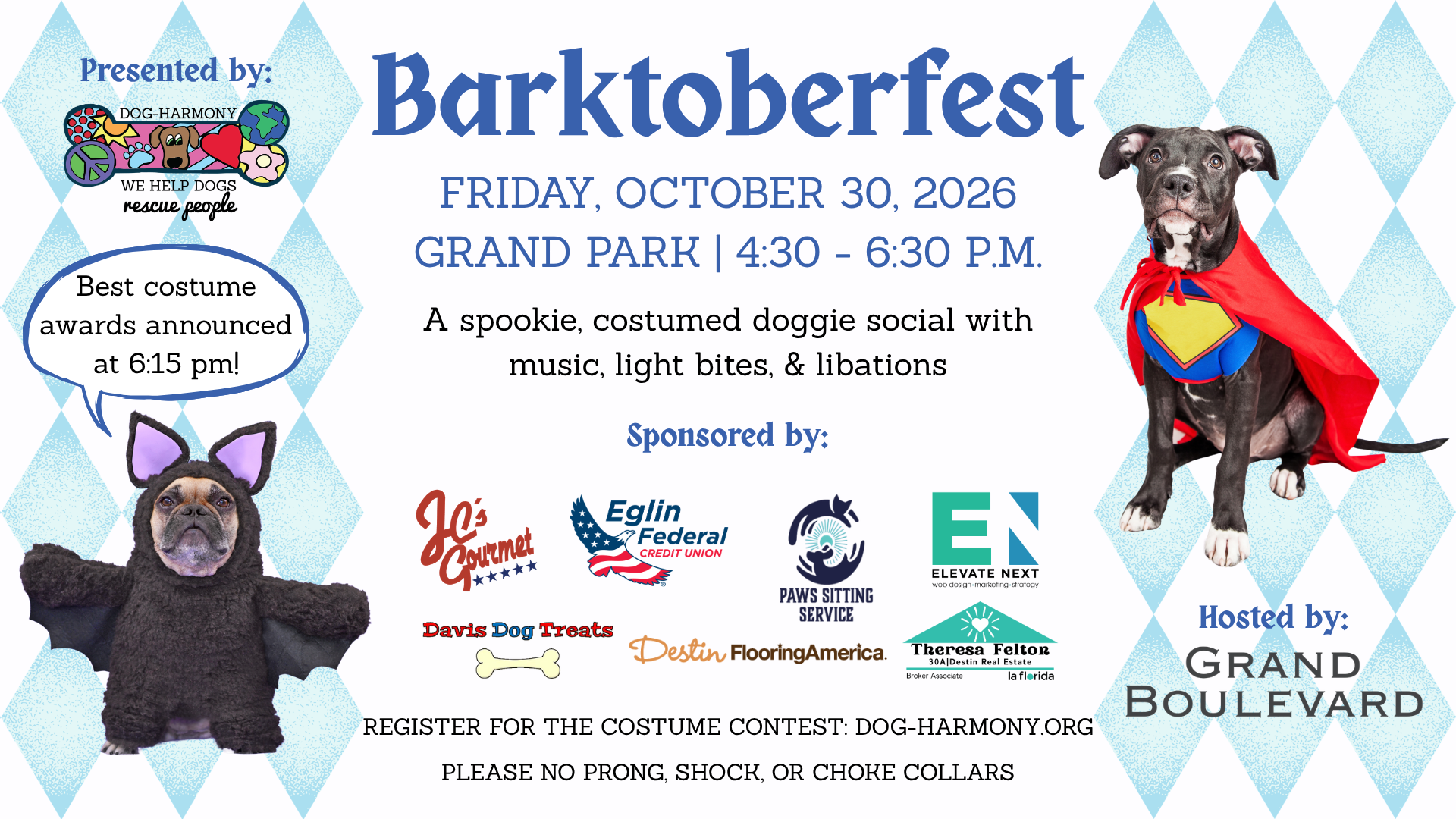 graphic promoting dog-harmony's 11th annual barktoberfest doggie social and halloween costume contest on friday, october 30, from 4:30 - 6:30 pm at grand boulevard at sandestin, florida